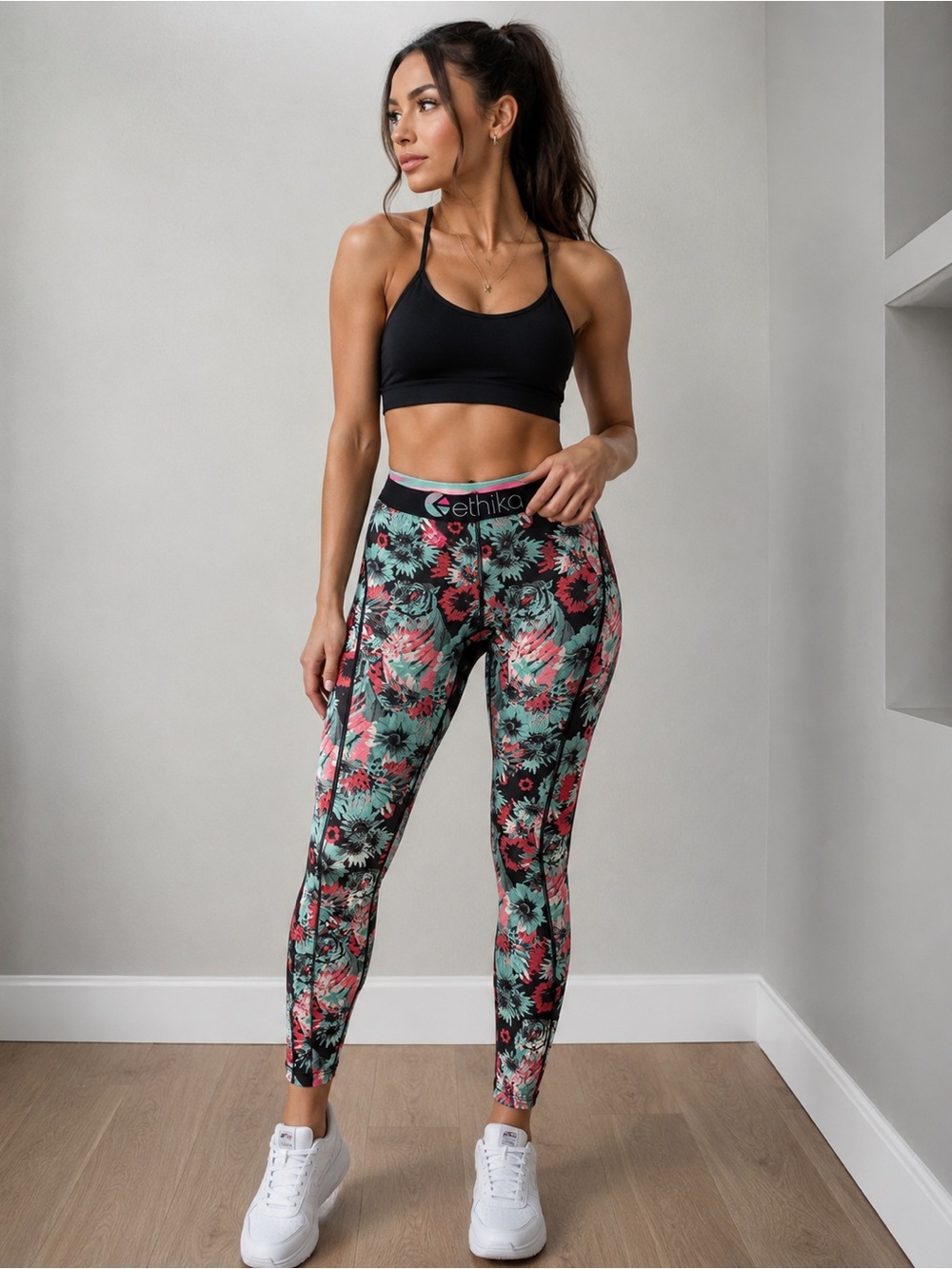 Ethika Subzero Small Floral Tiger Compression Leggings Black Teal Pink